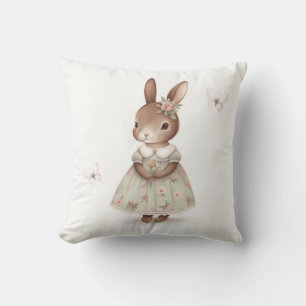 Brown Bunny in a Floral Dress Throw Pillow