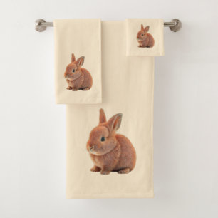 Brown Bunny on Light Champagne Beige Bath Towel Set