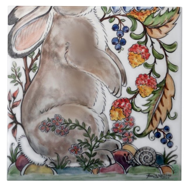 Brown Bunny Rabbit Bird Pretty Floral Mural Bottom Tile (Front)