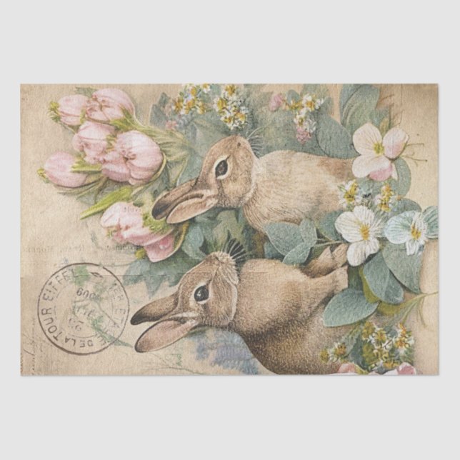 Brown Bunny Rabbit Floral Shabby French Postmark   Tissue Paper (Front)