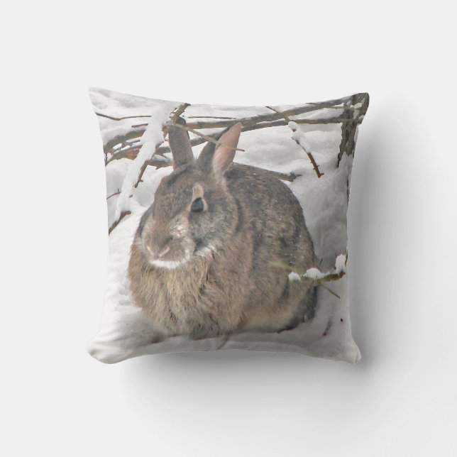 Brown Bunny Rabbit in Snow Outdoor Pillow (Front)