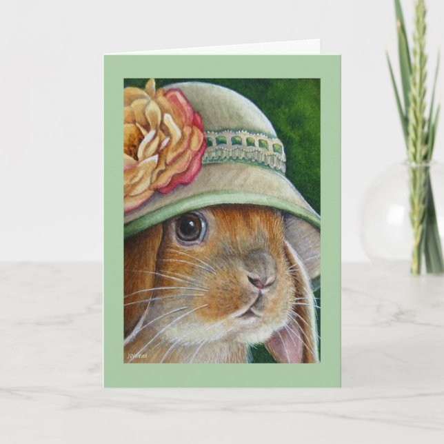 Brown Bunny Rabbit in Spring Bonnet Watercolor Art Card (Front)