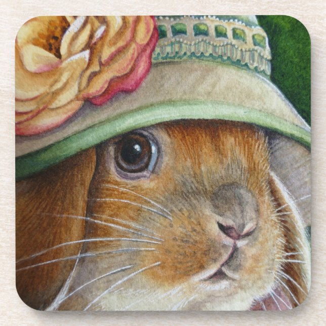 Brown Bunny Rabbit in Spring Bonnet Watercolor Art Coaster (Front)