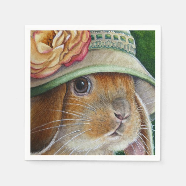 Brown Bunny Rabbit in Spring Bonnet Watercolor Art Napkin (Front)
