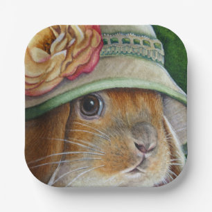Brown Bunny Rabbit in Spring Bonnet Watercolor Art Paper Plate