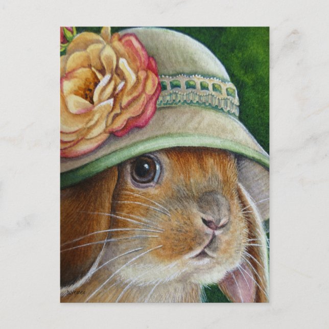 Brown Bunny Rabbit in Spring Bonnet Watercolor Art Postcard (Front)