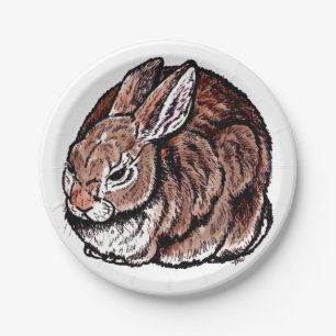 Brown Bunny Rabbit Nature Pen Ink Animal Drawing Paper Plate