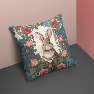 Brown Bunny Rose Garden Throw Pillow