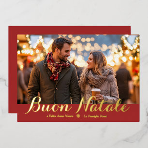 Brown Buon Natale e Felice Anno Nuovo Script Photo Foil Holiday Card