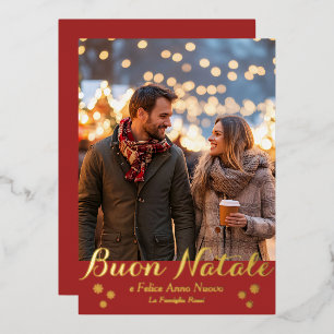 Brown Buon Natale e Felice Anno Nuovo Script Photo Foil Holiday Card