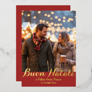 Brown Buon Natale e Felice Anno Nuovo Script Photo Foil Holiday Card