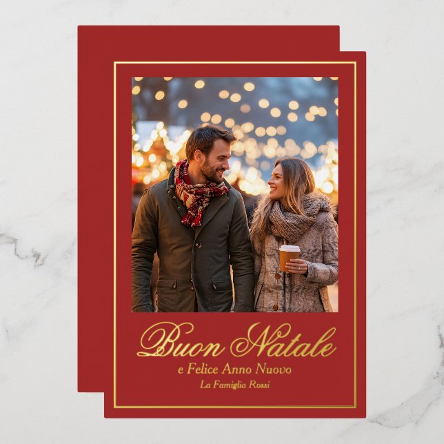 Brown Buon Natale e Felice Anno Nuovo Script Photo Foil Holiday Card (Front/Back)