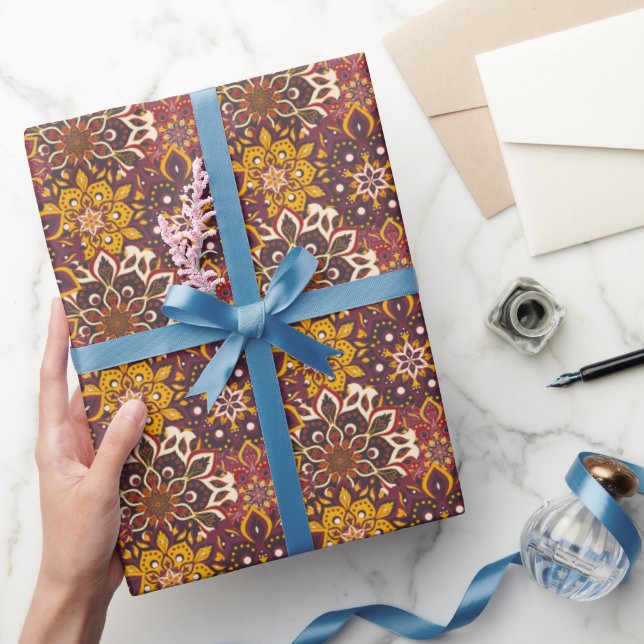 Brown Burgundy and Yellow Circle Mandala  Wrapping Paper (Gifting)
