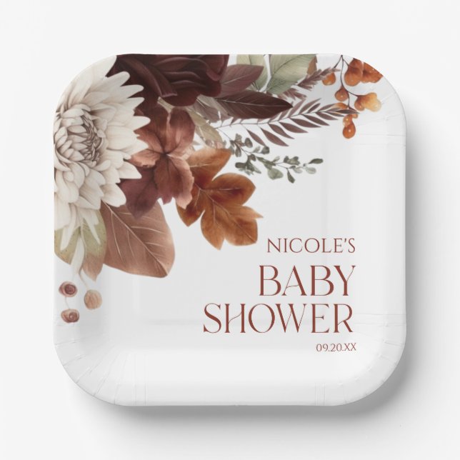 Brown Burgundy Baby In Bloom Floral Baby Shower Paper Plate (Front)