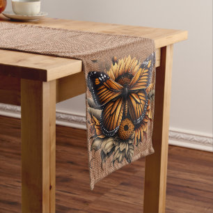 BROWN BURLAP LOOK WITH ORANGE BROWN BUTTERFLY LONG TABLE RUNNER