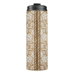 BROWN BURLAP LOOK WITH WHITE LACE LOOK THERMAL TUMBLER