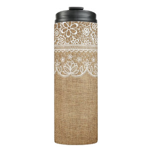 BROWN BURLAP LOOK WITH WHITE LACE LOOK THERMAL TUMBLER