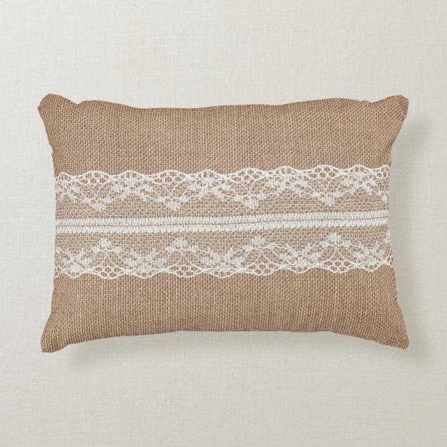 Brown Burlap Off-White Lace Texture Accent Pillow (Front)