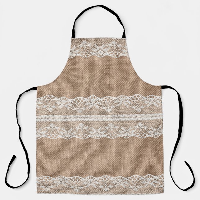 Brown Burlap Off-White Lace Texture Apron (Front)