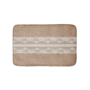 Brown Burlap Off-White Lace Texture Bath Mat