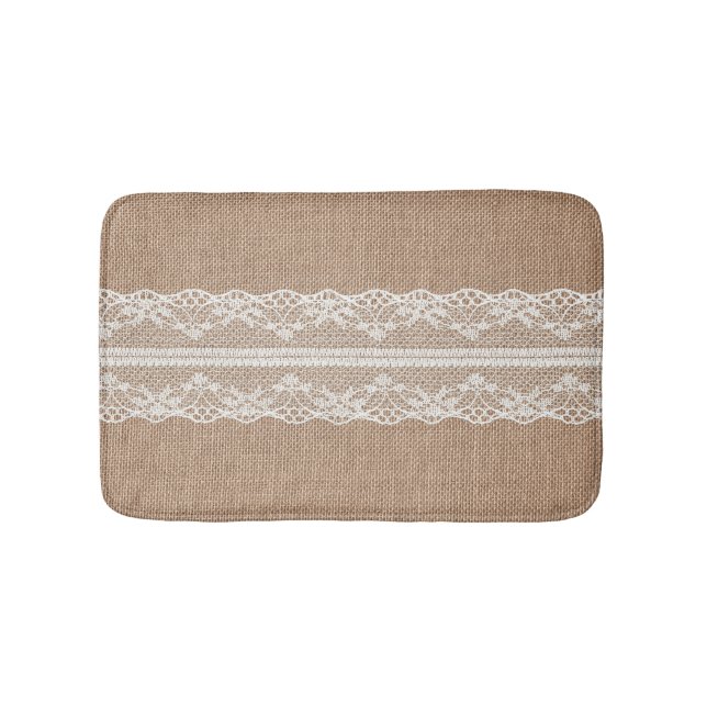 Brown Burlap Off-White Lace Texture Bath Mat (Front)