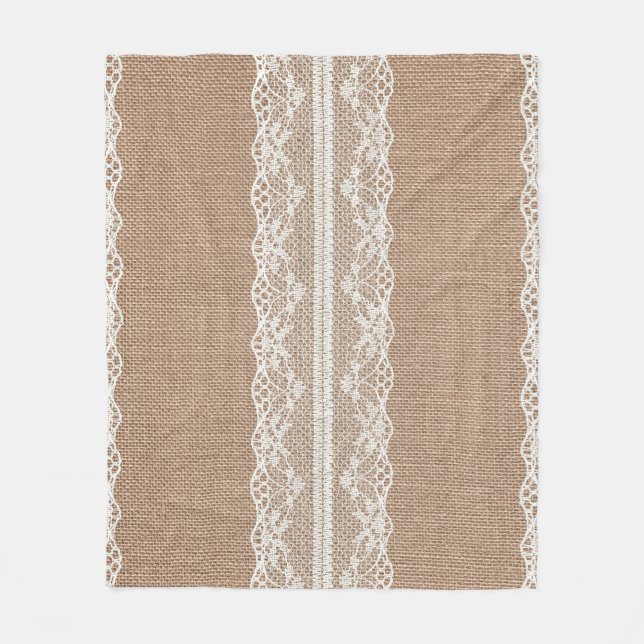 Brown Burlap Off-White Lace Texture Fleece Blanket (Front)
