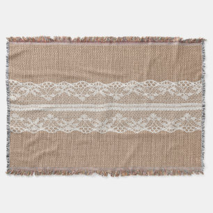Brown Burlap Off-White Lace Texture Throw Blanket