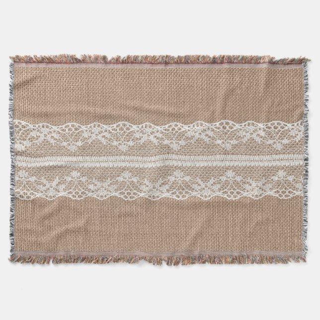 Brown Burlap Off-White Lace Texture Throw Blanket (Front)