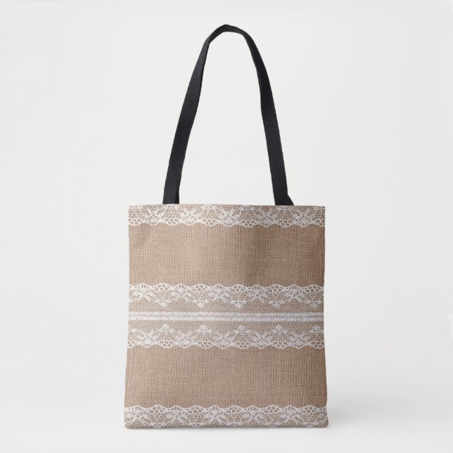 Brown Burlap Off-White Lace Texture Tote Bag (Front)