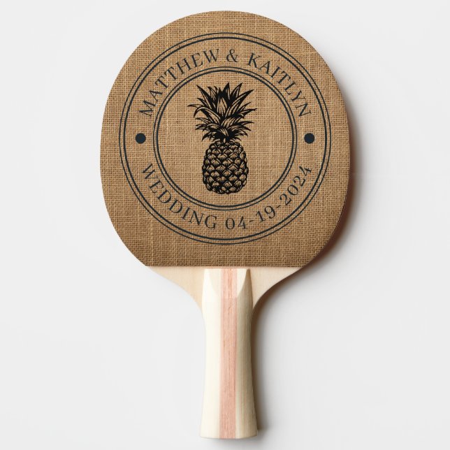 Brown Burlap Pineapple Wedding Crest & Names Ping Pong Paddle (Back)