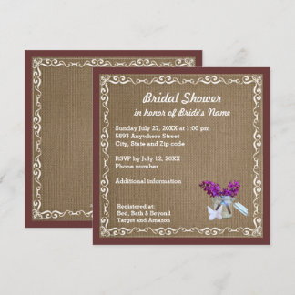 Brown Burlap, Purple Flowers, Jar Bridal Shower Invitation
