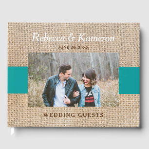 Brown Burlap & Teal Colour Block Photo Wedding Guest Book