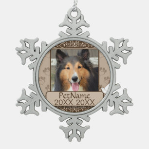 Brown Calligraph Swirls Custom Pet Sympathy Snowflake Pewter Christmas Ornament