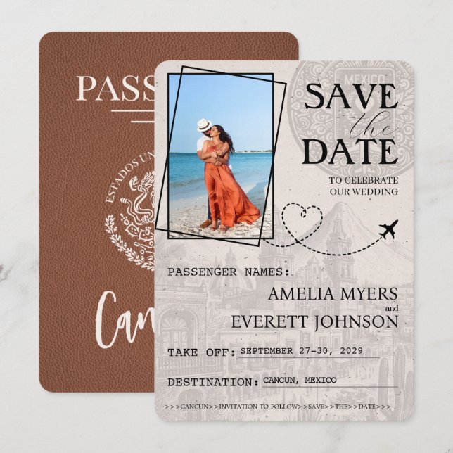 Brown Cancun Passport Save The Date (Front/Back)