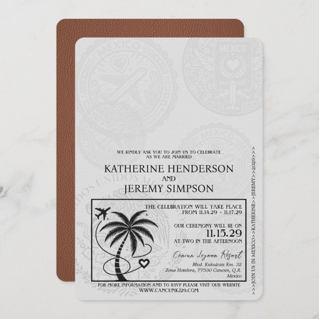 Brown Cancun Passport Wedding Invitation (Front/Back)