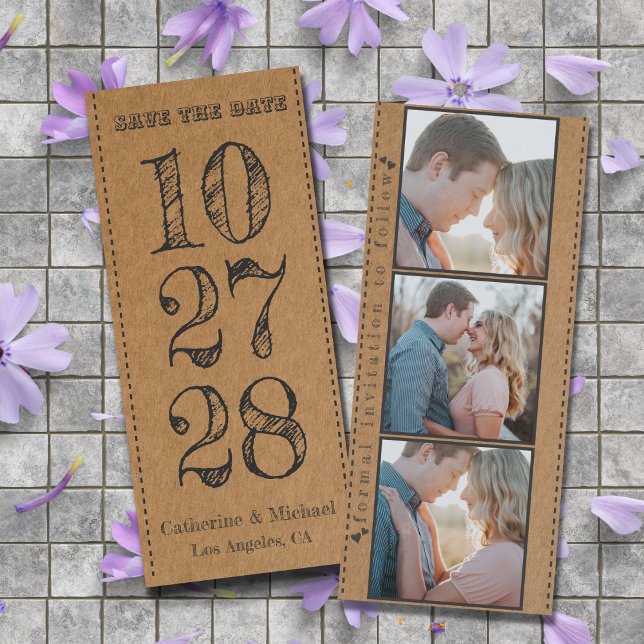 Brown Cardboard Rustic Trendy Three Photo Save The Date (Creator Uploaded)