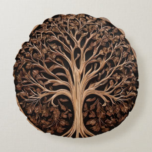 Brown Carved Australian Waratah Tree Print, Round Pillow