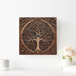 Brown Carved Australian Waratah Tree, Square Wall Clock