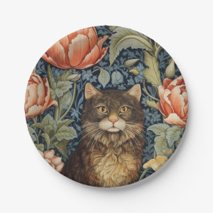 Brown cat and peony flowers art nouveau paper plate