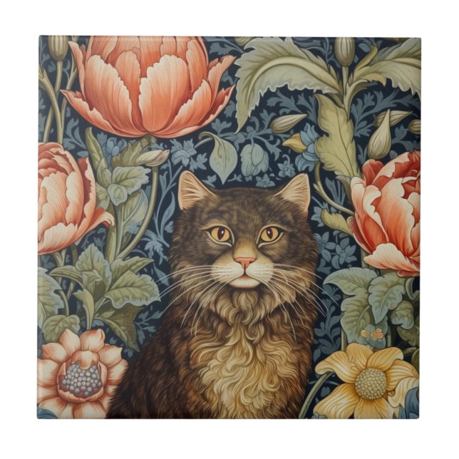 Brown cat and peony flowers art nouveau tile (Front)
