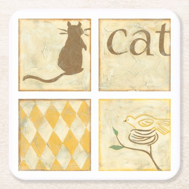 Brown Cat and  Yellow Bird by Chariklia Zarris Square Paper Coaster (Front)