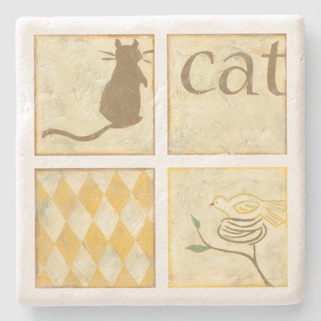 Brown Cat and  Yellow Bird by Chariklia Zarris Stone Coaster (Front)