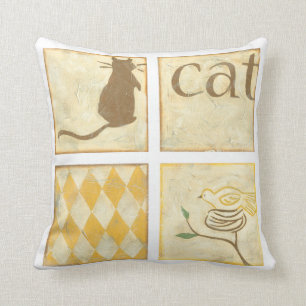 Brown Cat and  Yellow Bird by Chariklia Zarris Throw Pillow