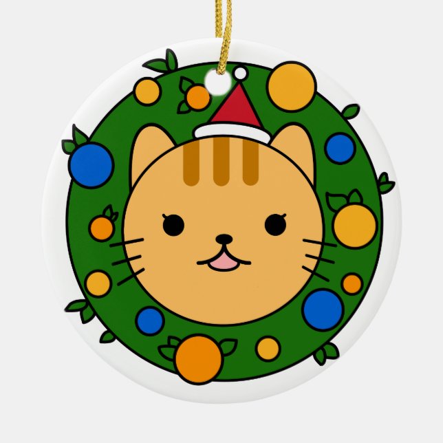 Brown Cat Christmas Wreath | Red Hat Custom Ceramic Ornament (Front)