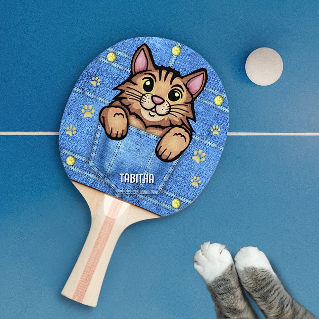 Brown Cat in Faux Denim Pocket with Custom Name Ping Pong Paddle (Creator Uploaded)