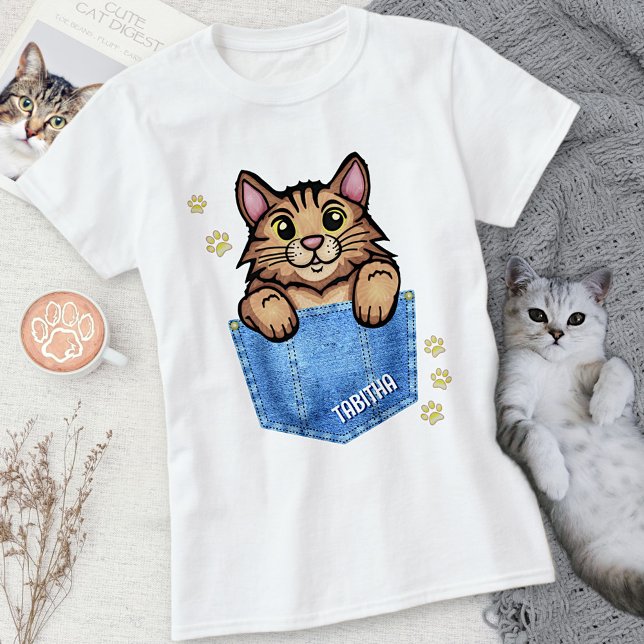 Brown Cat in Faux Denim Pocket with Custom Name T-Shirt (Creator Uploaded)