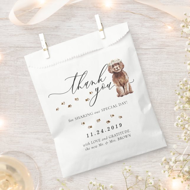 Brown Cavapoo dog Wedding Thank You Favour Bag (Clipped)