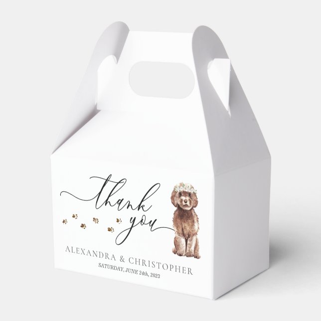 Brown Cavapoo puppy Wedding Calligraphy Thank You Favor Box (Front Side)