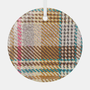 Brown chequered fabric, Scottish wool. Glass Ornament