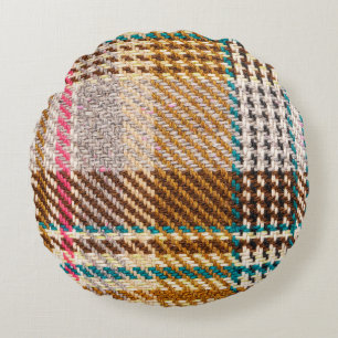 Brown chequered fabric, Scottish wool. Round Pillow